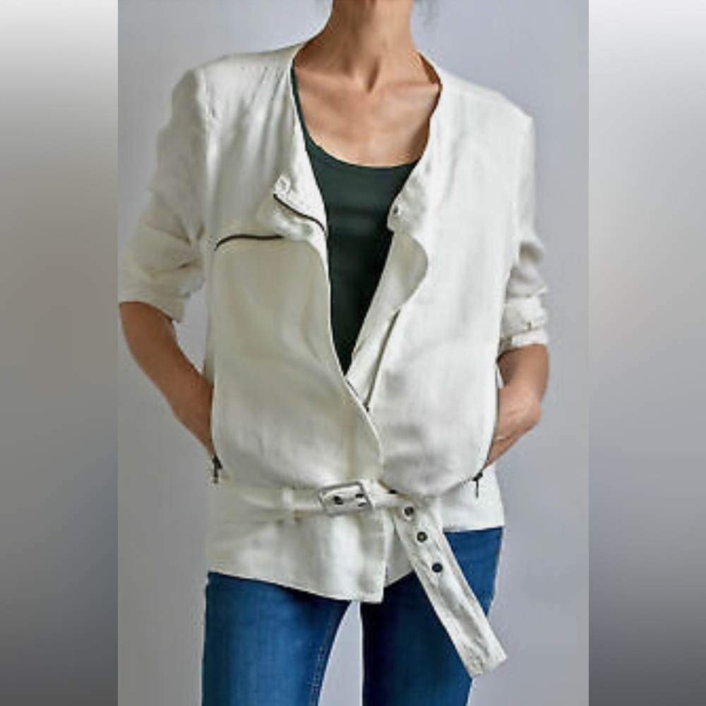 Joie White Linen Moto Jacket W/ Belt & Zippered pockets Size Medium